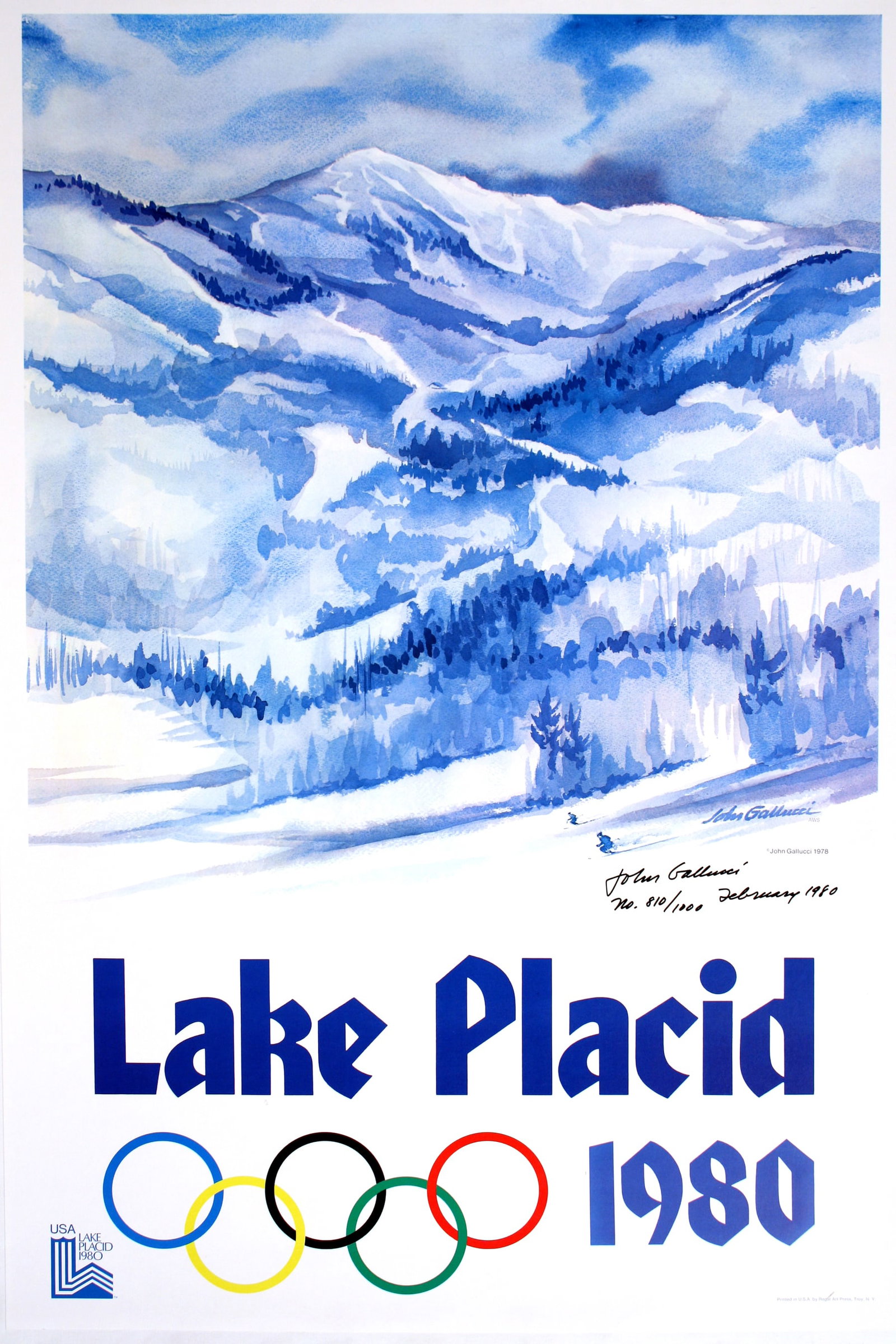 Lake Placid Winter Olympics 1980 Official Original Vintage Poster by John Gallucci Hand Signed and: This is an original vintage poster created by the American watercolor artist, John Gallucci, in 1979. The poster has been signed and numbered by the artist in a limited edition of 1000 and also featur