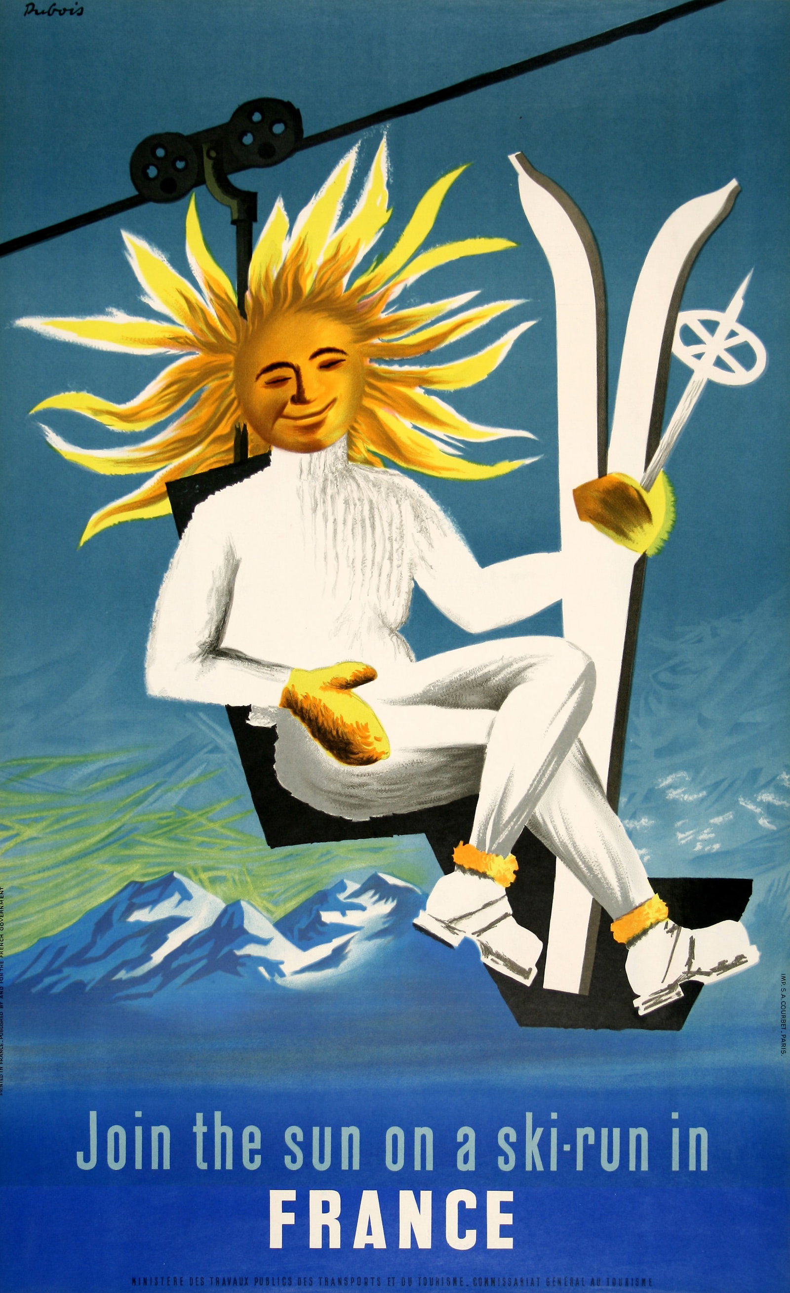 Original Vintage Join The Sun on a Ski Run in France Poster by Jacques Dubois (1 of 1)