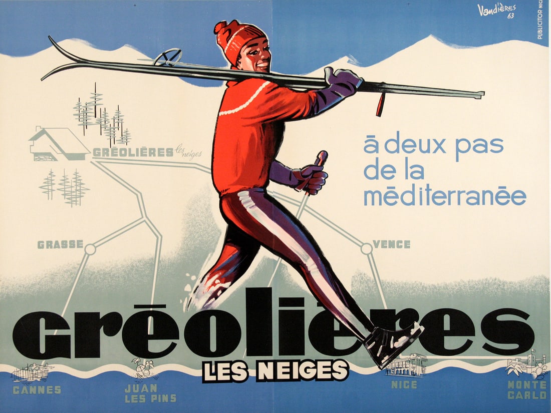 Original Greolieres Les Neiges Vintage French Ski Poster by Vandieres 1963: This is an original lithographic poster that lets the viewer know about the ski resort area called Greoliere . It is in the southern portion of France but still rich in enjoyment for the ski enthusias