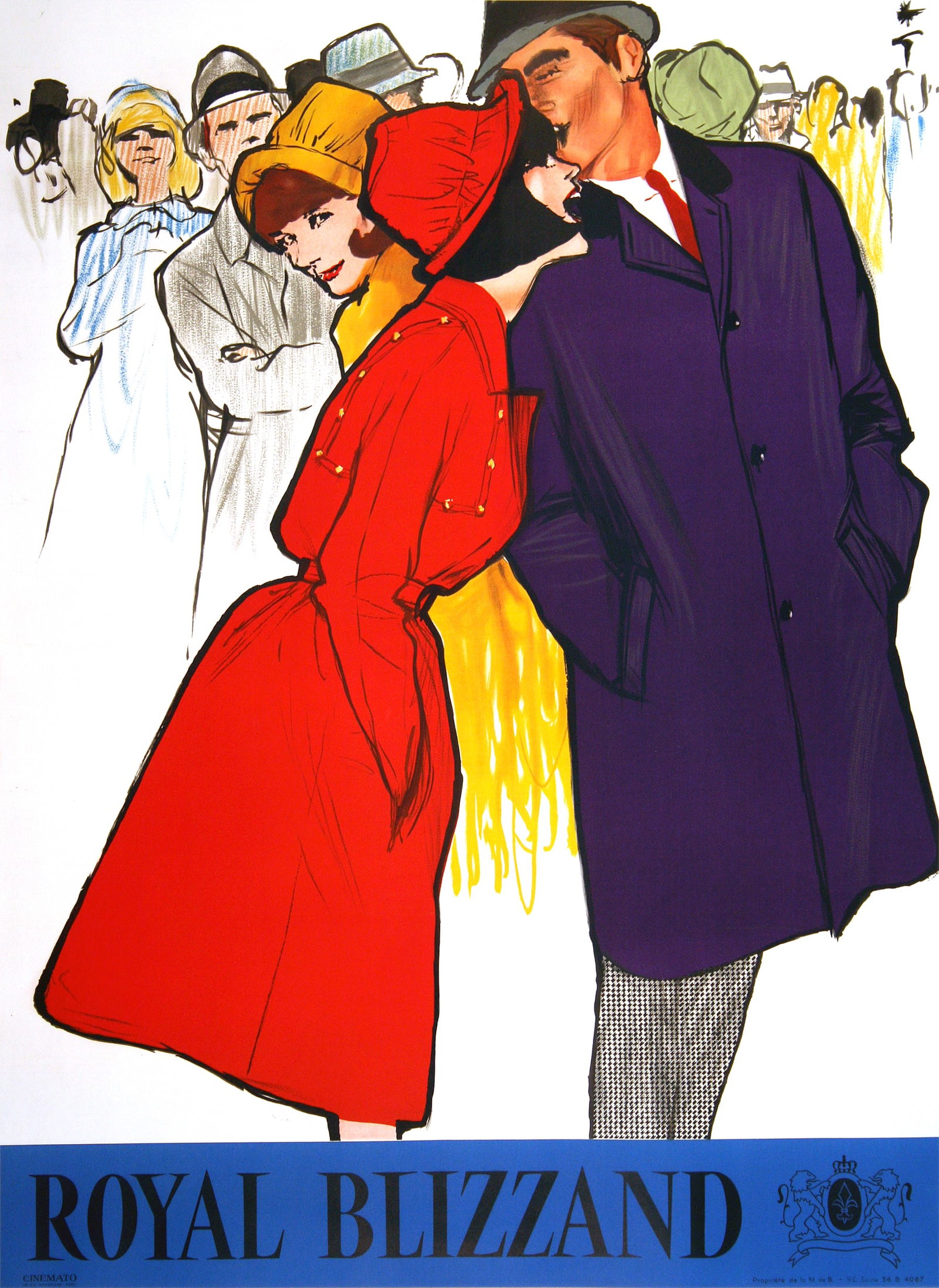 Original Vintage Royal Blizzand Coat Poster by Rene Gruau Couple 1965: In this poster by fashion illustrator, Rene Gruau, a couple is seen walking in the forefront of the image wearing elegant and beautifully illustrated coats in the typical Gruau style. The man is