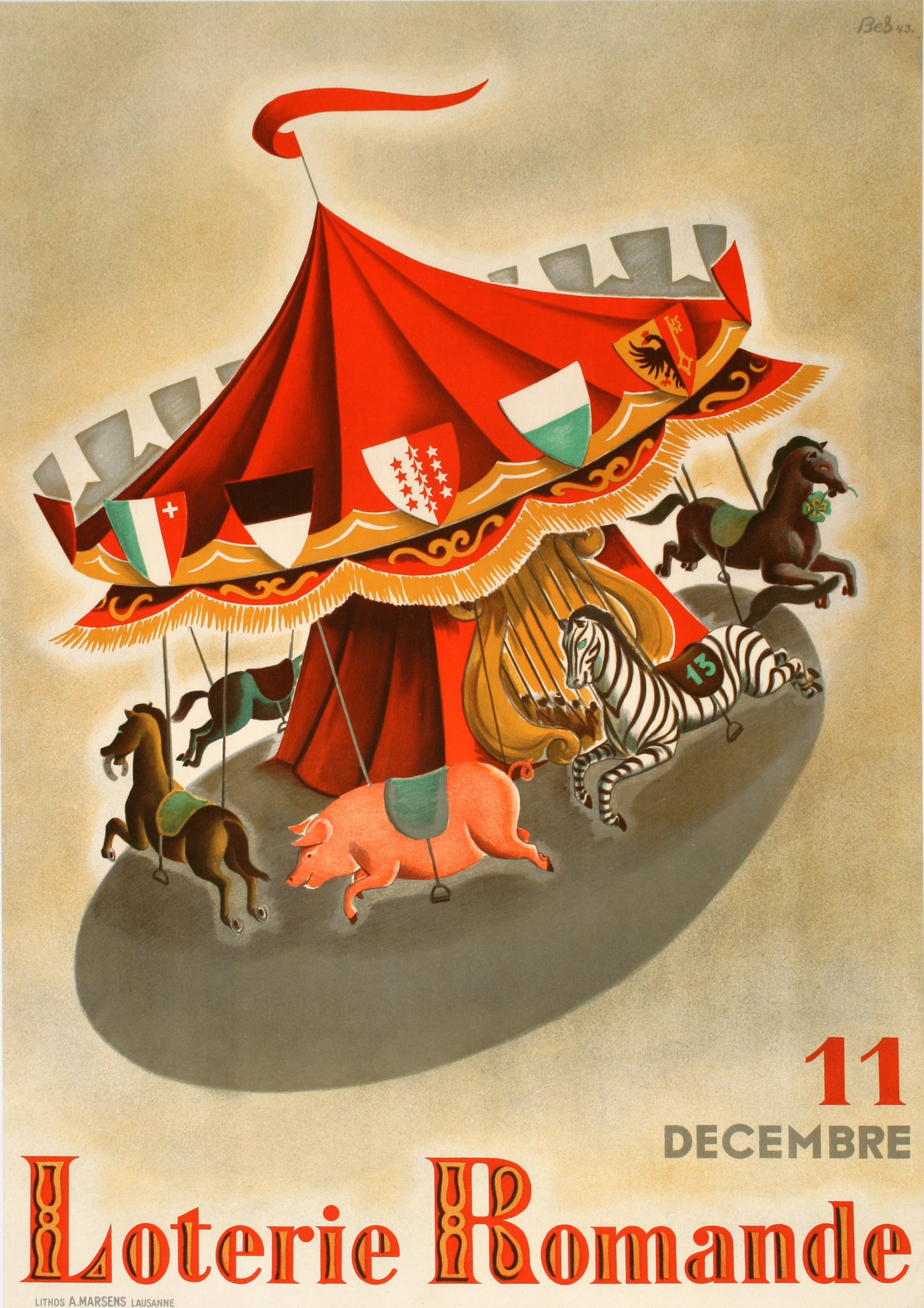 Original Vintage Loterie Romande Poster by Bes from 1943 Carousel with Animals: Loterie Romande-Carousel is a 1943 French-language Swiss lottery advertisement by Bes. The piece announces the lottery to be held on the 11th of December of that year. The artwork is fun and uses the