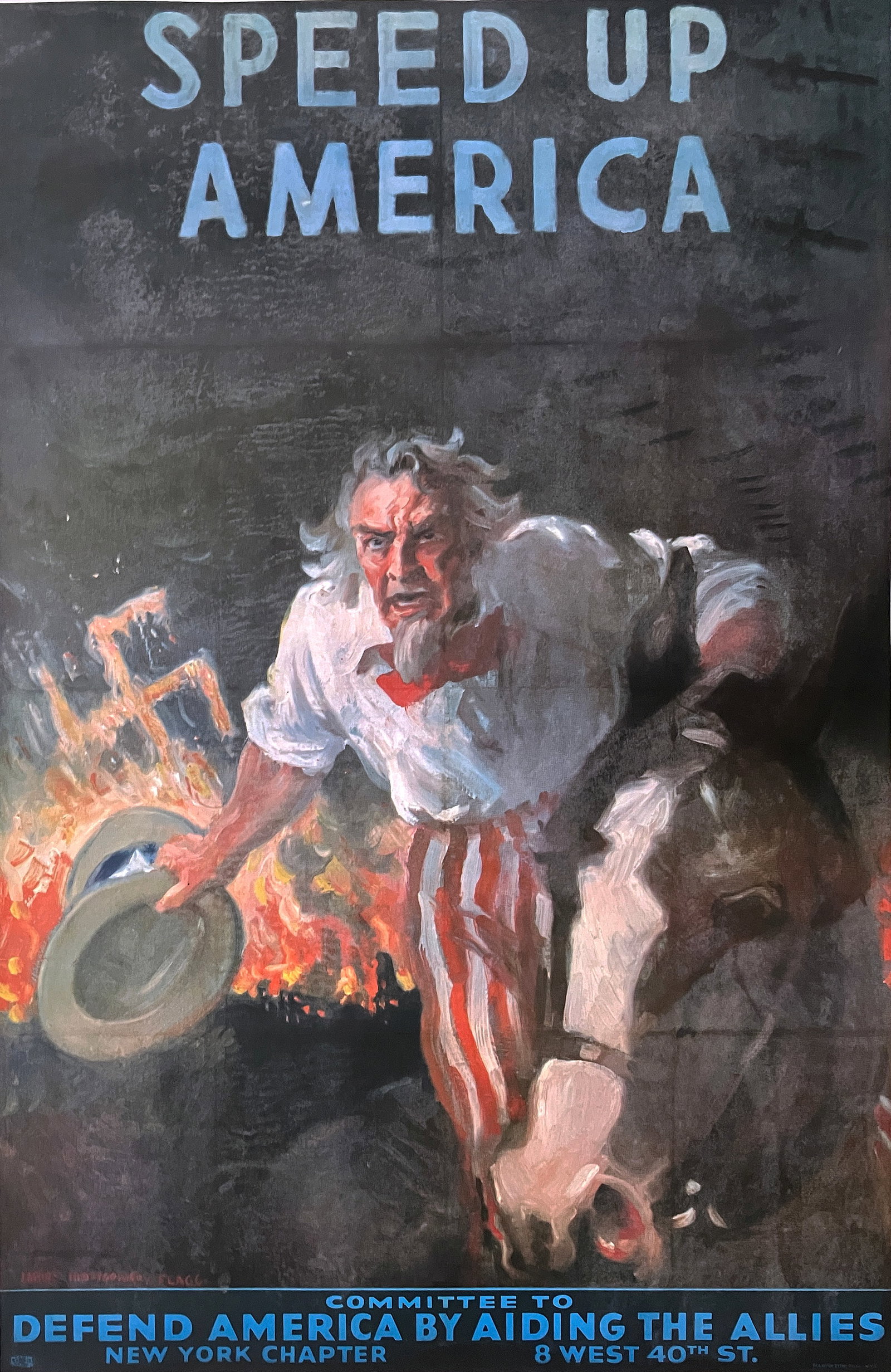 Original Vintage James Montgomery Flagg - Speed Up America Poster 1943: This original World War II poster, Speed Up America, was created by James Montgomery Flagg in 1943 for the New York Chapter of the Committee to Defend America by Aiding the Allies. The poster urges Am