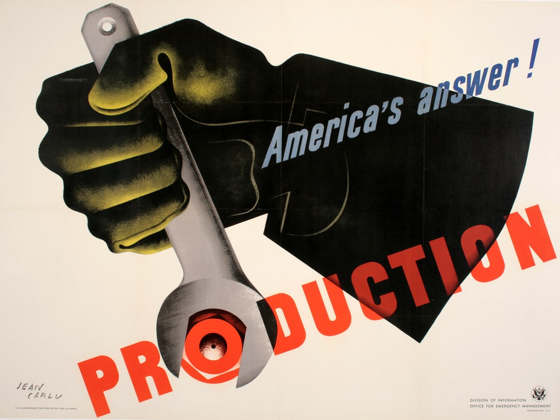 Original Vintage World War Two Production Poster by Jean Carlu 1941: Arguably America's most substantive role in World War II was supplying the sheer material preponderance that eventually overwhelmed the much more aggressive and better trained German and Japanese forc