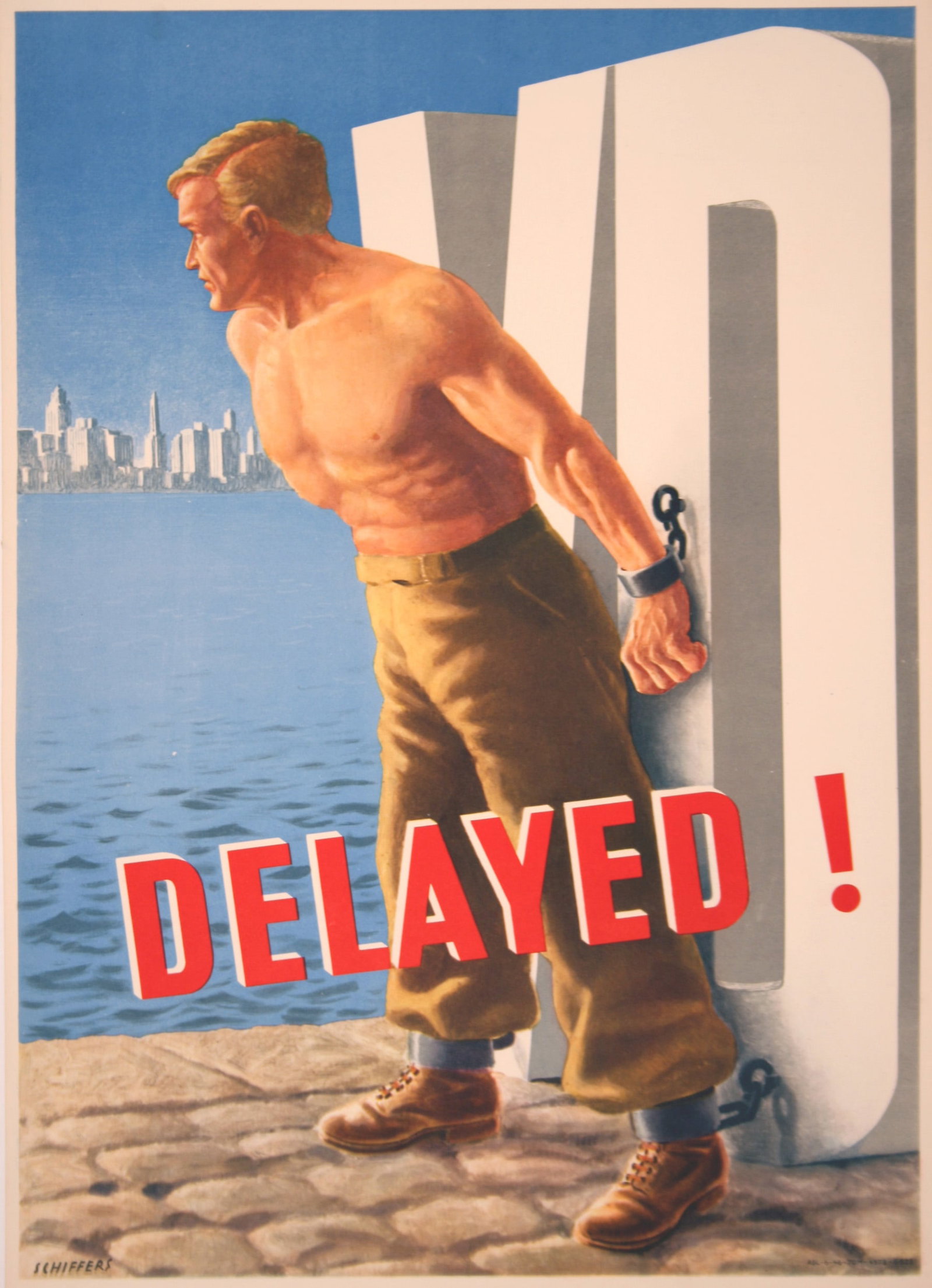 Original Vintage Poster VD Delayed by Franz Schiffers 1946: This is one of a series of posters created at the end of the Second World War warning our returning American soldiers that if they contracted a venereal disease ( now known as S.T.D.) they would not b