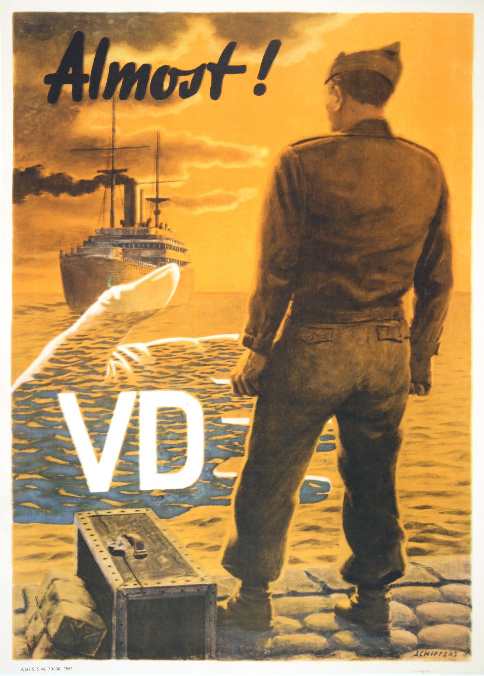 Original American WWII Poster by Schiffers - VD Almost: VD Almost! is a 1946 public service announcement by Franz O. Schiffers (1902-1976). Schiffers was commissioned to create several posters warning against venereal disease aimed at the U.S serviceman ov