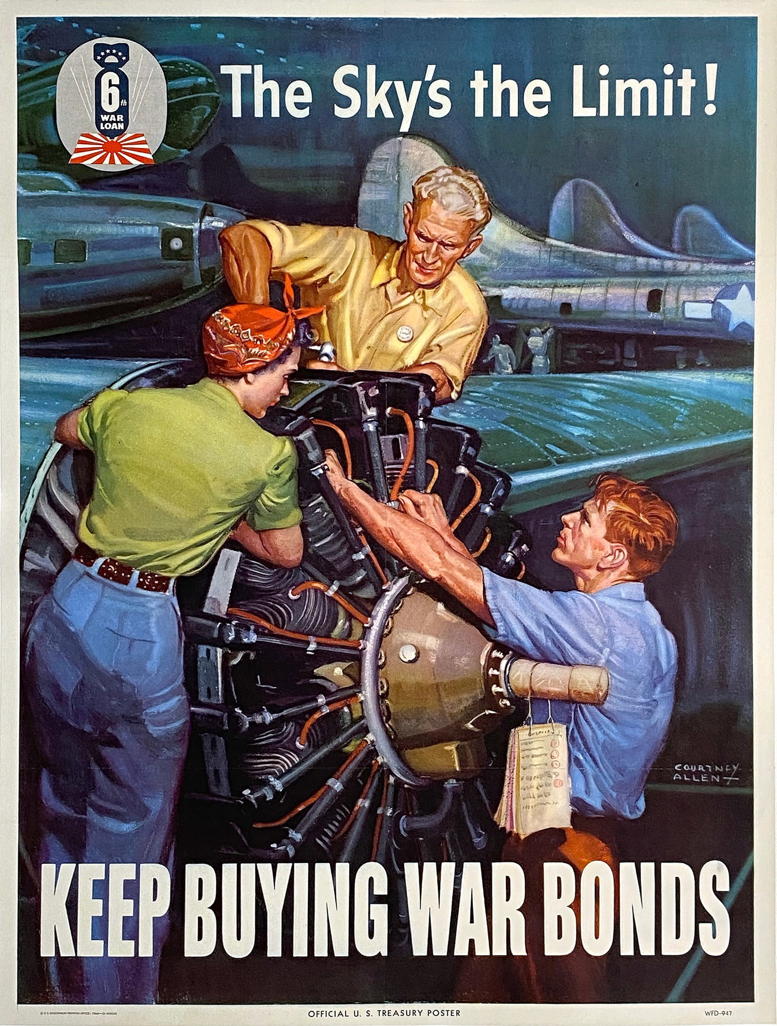 Original Vintage WWII The Sky's the Limit War Bonds Poster by Courtney Allen 1944: In America during WWII, every resource was poured into the war effort. With over 12 million Americans - 11% of the total population - serving in the armed forces, everything from food to labor was tig