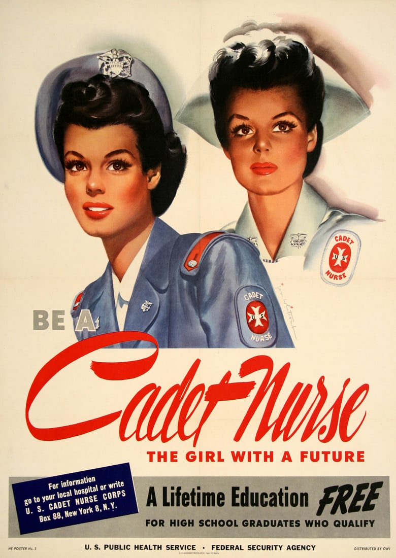 Original American WWII 1944 Poster By Jon Whitcomb - Be A Cadet Nurse 1944: Be A Cadet Nurse is an American World War II recruiting poster by Jon Whitcomb. The poster was made in 1944 and issued by the U.S. Public Health Service, part of the Federal Security Agency. The progr