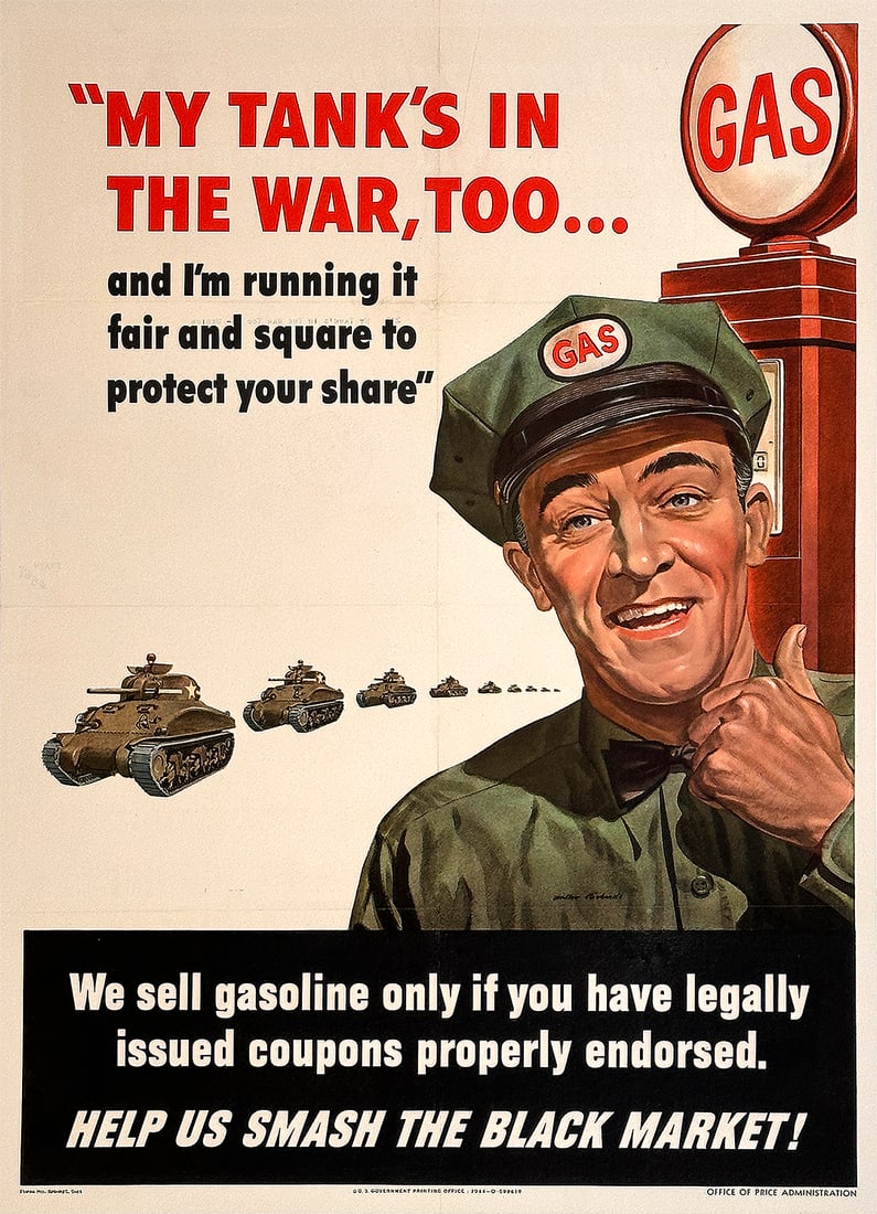 Original Vintage WWII Gas Poster My Tank's in the War Too 1944: This poster from 1944 was designed by Walter Richards to promote a government campaign for saving gas and eliminating black market purchasing of it. During WWII, the United States heavily promoted con
