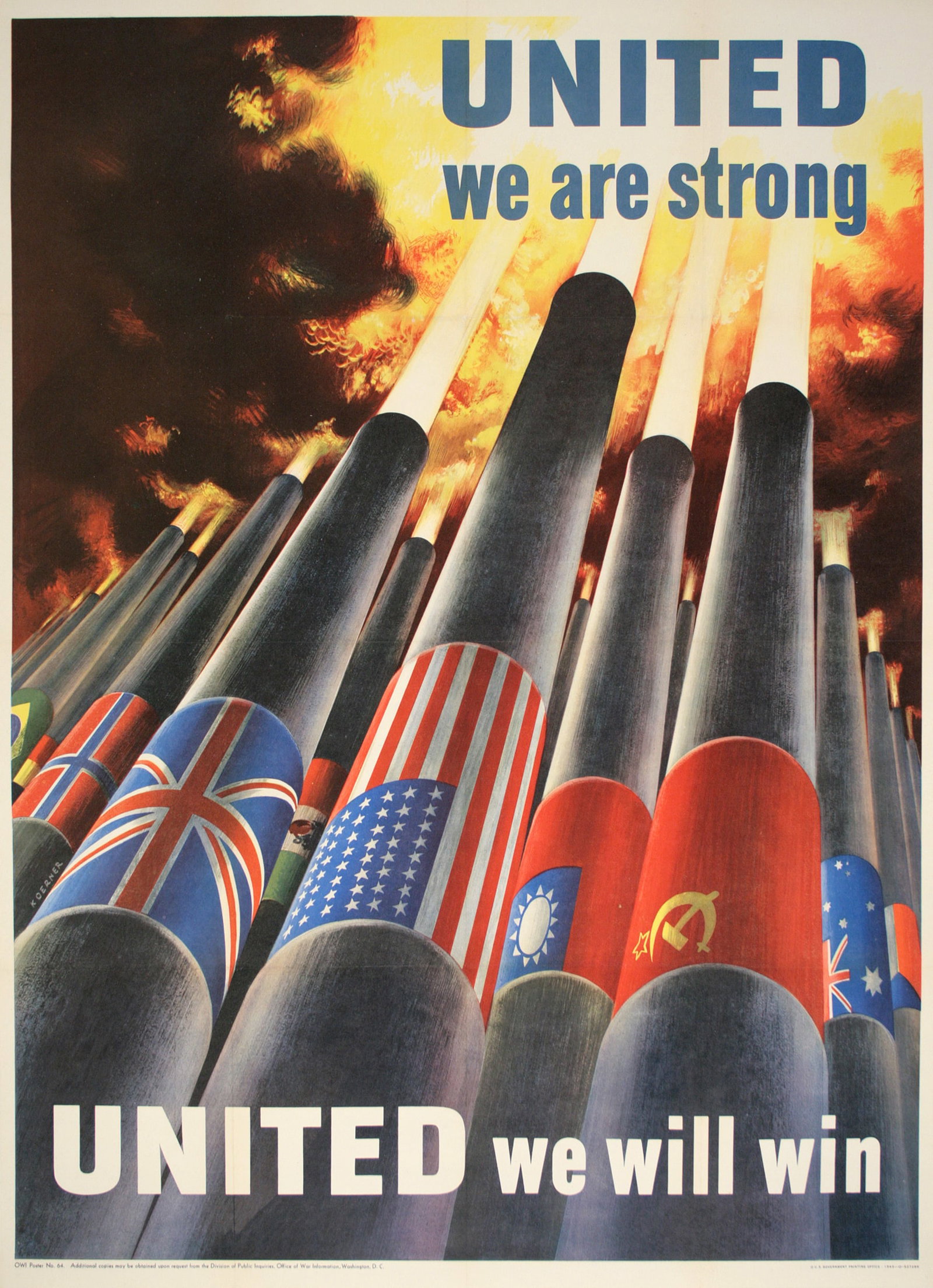 Original Vintage WWII Poster United We are Strong by Henry Koerner 1943: This World War ll poster supports the unity of nations and arms of the allied forces combatting the German and Italian armies. The imagery depicts the unified cannons exploding with their targets with