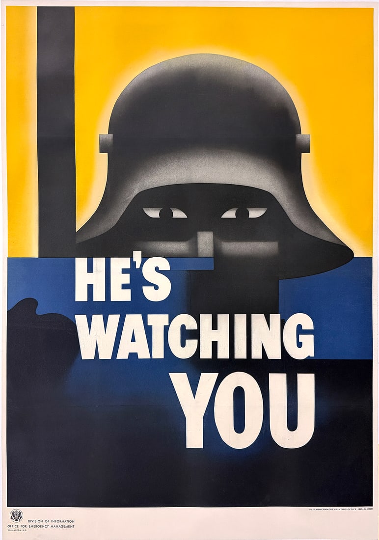Original Vintage He's Watching You Poster by Glenn Grohe - Large Format & Rare!!!: Created in 1942 by American illustrator Glenn Grohe, “He’s Watching You” is one of the most visually powerful American security posters of World War II. Issued by the U.S. Government Printin