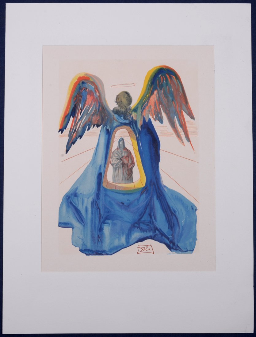 S. Dali : Divine Comedy, 1964. original Woodcut.: Salvador Dali (1904-1989) - Dante Purifié, 1964. Original Color Woodcut on B.F.K. Rives. This one is signed on the block. Size of the sheet : 10 1/4 in x 13 in - 26 cm x 33 cm.Reference: The Official
