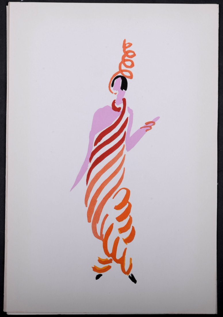 Sonia Delaunay : Tableaux vivants 1969. Pochoir Jacomet: Sonya Delaunay (1885-1979) : Robe de Bal. Original pochoir print on Vélin Aussedat printed in 1969 by Jacomet in Paris. It is one of 650 copies printed for Tableaux vivants. The size is 11 x 7 in - 2
