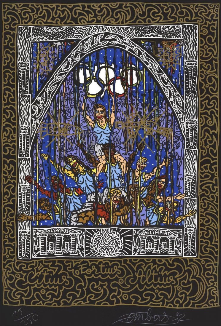 Robert Combas Citius Altius Fortius 1992. Screen print: Robert Combas : "Citius, Altius, Fortius", 1992original screenprint of Combas made during its great period of the 90s.A masterful work perfectly representative of the "Figuration Libre". Signed by the