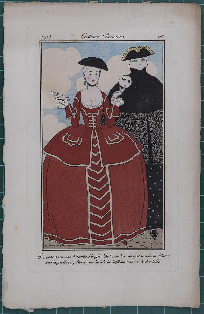 George Barbier : Original pochoir 1913 Costume Parisien: Costumes Parisiens, 1913. Original hand colored pochoir print Sheet size: 8 3/4 x 5 1/2 in It is one of a total of 186 plates created for the Parisien Journal des Dames et des Modes by leading artists