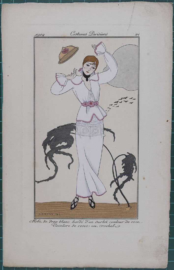 George Barbier : Original pochoir 1912 Costume Parisien: Costumes Parisiens, 1912. Original hand colored pochoir print Sheet size: 8 3/4 x 5 1/2 in It is one of a total of 186 plates created for the Parisien Journal des Dames et des Modes by leading artists