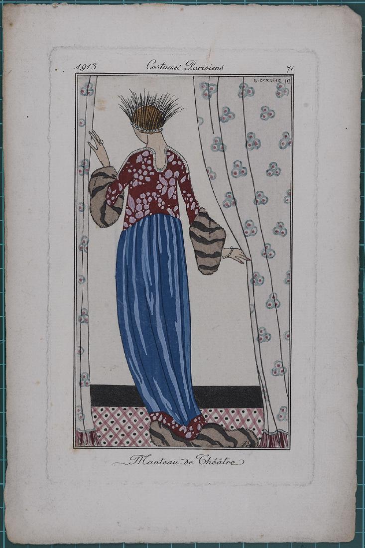 George Barbier : Original pochoir 1913 Costume Parisien: Costumes Parisiens, 1913. Original hand colored pochoir print Sheet size: 8 3/4 x 5 1/2 in It is one of a total of 186 plates created for the Parisien Journal des Dames et des Modes by leading artists