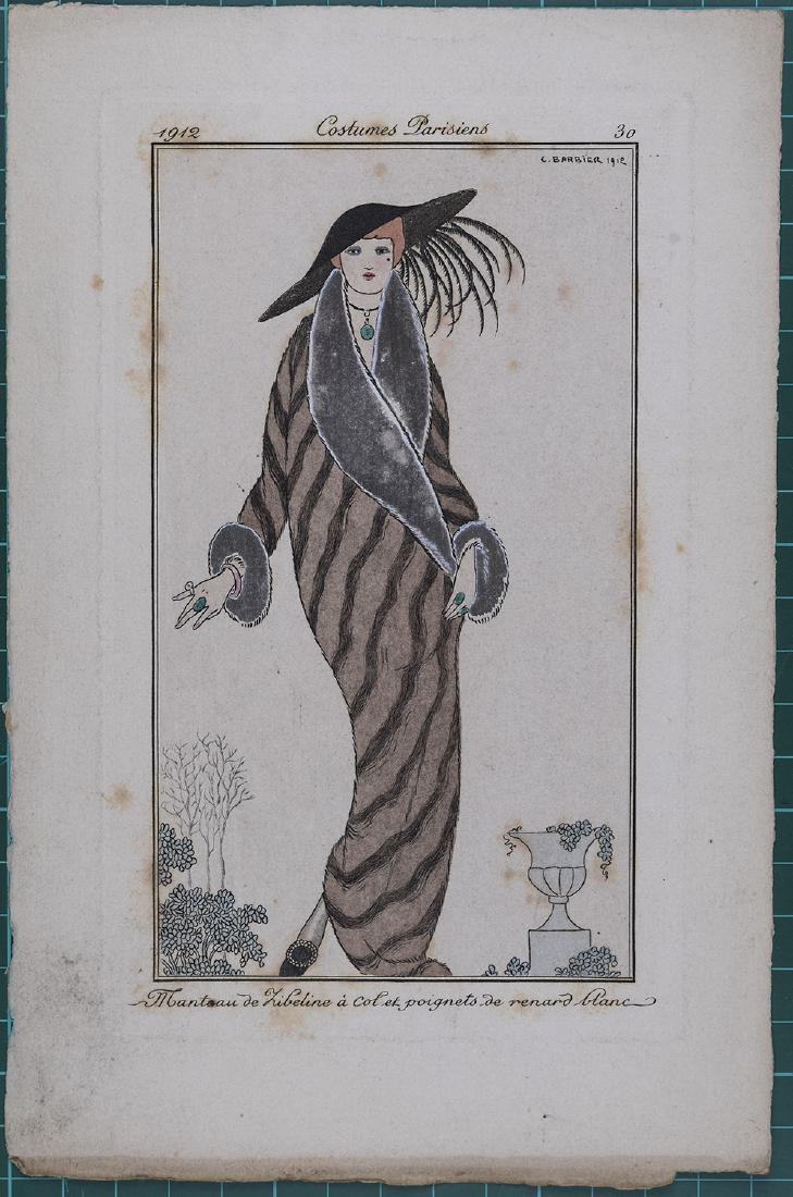George Barbier : Original pochoir 1912 Costume Parisien: Costumes Parisiens, 1912. Original hand colored pochoir print Sheet size: 8 3/4 x 5 1/2 in It is one of a total of 186 plates created for the Parisien Journal des Dames et des Modes by leading artists