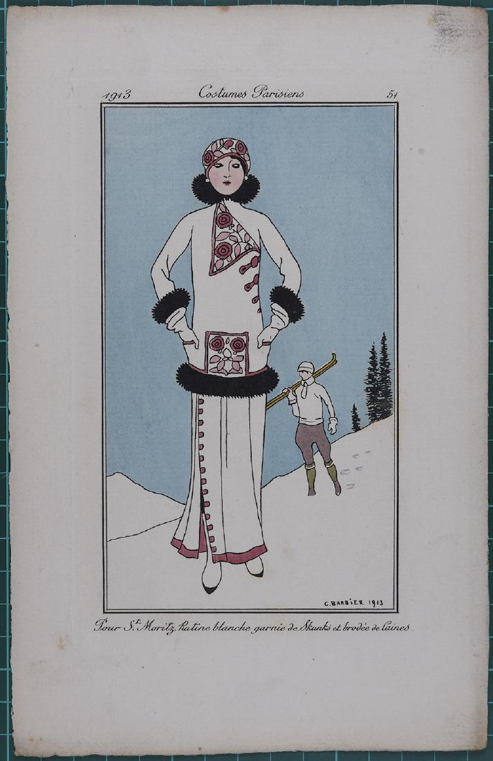 George Barbier : Original pochoir 1913 Costume Parisien: Costumes Parisiens, 1913. Original hand colored pochoir print Sheet size: 8 3/4 x 5 1/2 in It is one of a total of 186 plates created for the Parisien Journal des Dames et des Modes by leading artists