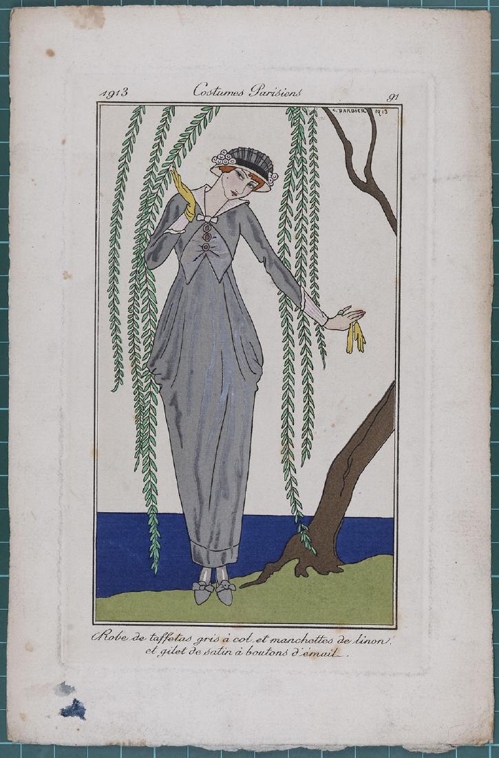 George Barbier : Original pochoir 1913 Costume Parisien: Costumes Parisiens, 1913. Original hand colored pochoir print Sheet size: 8 3/4 x 5 1/2 in It is one of a total of 186 plates created for the Parisien Journal des Dames et des Modes by leading artists