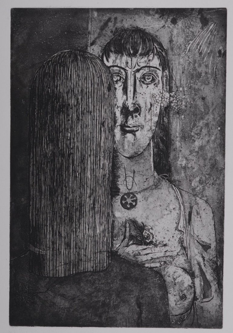 Friedlaender. original etching 1995 Femme en noir 33/57: Johnny Friedlaender Femme en noir Original etching & aquatint on Velin D'arches, numbered on the back 33/57 with blind stamp Dimensions : composition : 9 x 13 1/2" (23 x 34,5 cm) sheet: 25 1/2 x 19 2/