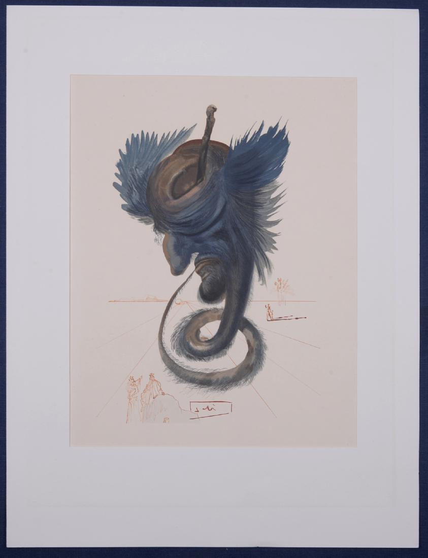 S. Dali : Divine Comedy, 1964. original Woodcut.: Salvador Dali (1904-1989) - The Black Cherub, 1964. Original Color Woodcut on B.F.K. Rives. This one is signed on the block. Size of the sheet : 10 1/4 in x 13 in - 26 cm x 33 cm. Reference: The Offic