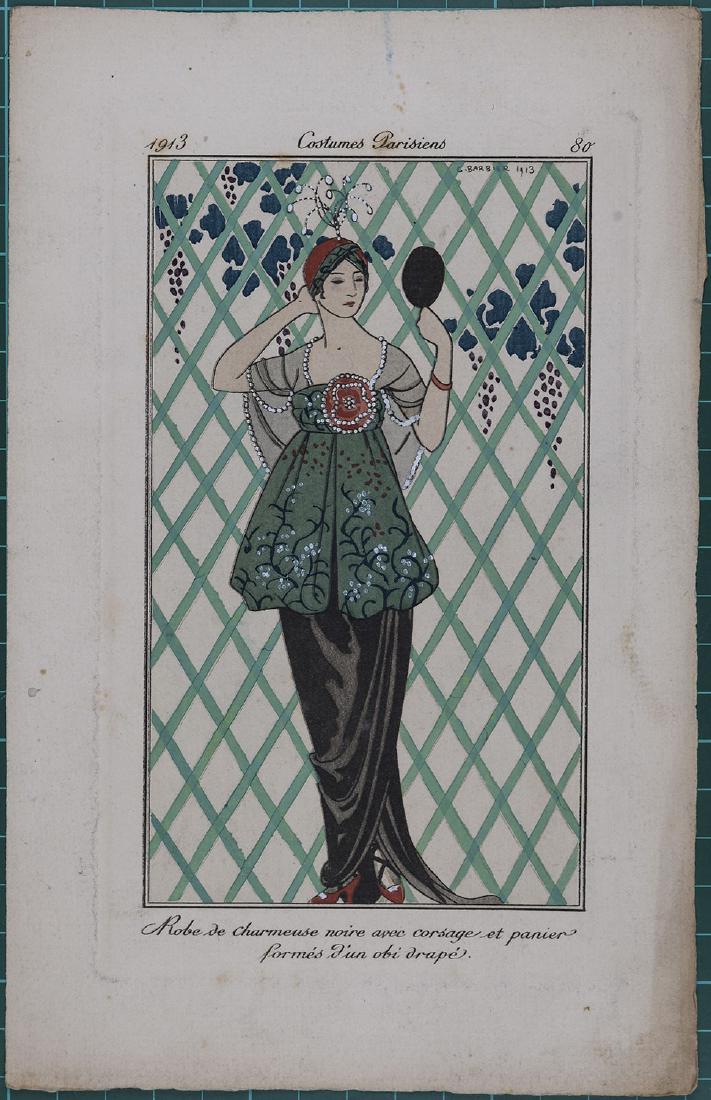 George Barbier : Original pochoir 1913 Costume Parisien: Costumes Parisiens, 1913. Original hand colored pochoir print Sheet size: 8 3/4 x 5 1/2 in It is one of a total of 186 plates created for the Parisien Journal des Dames et des Modes by leading artists