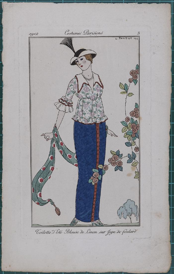 George Barbier : Original pochoir 1912 Costume Parisien: Costumes Parisiens, 1912. Original hand colored pochoir print Sheet size: 8 3/4 x 5 1/2 in It is one of a total of 186 plates created for the Parisien Journal des Dames et des Modes by leading artists