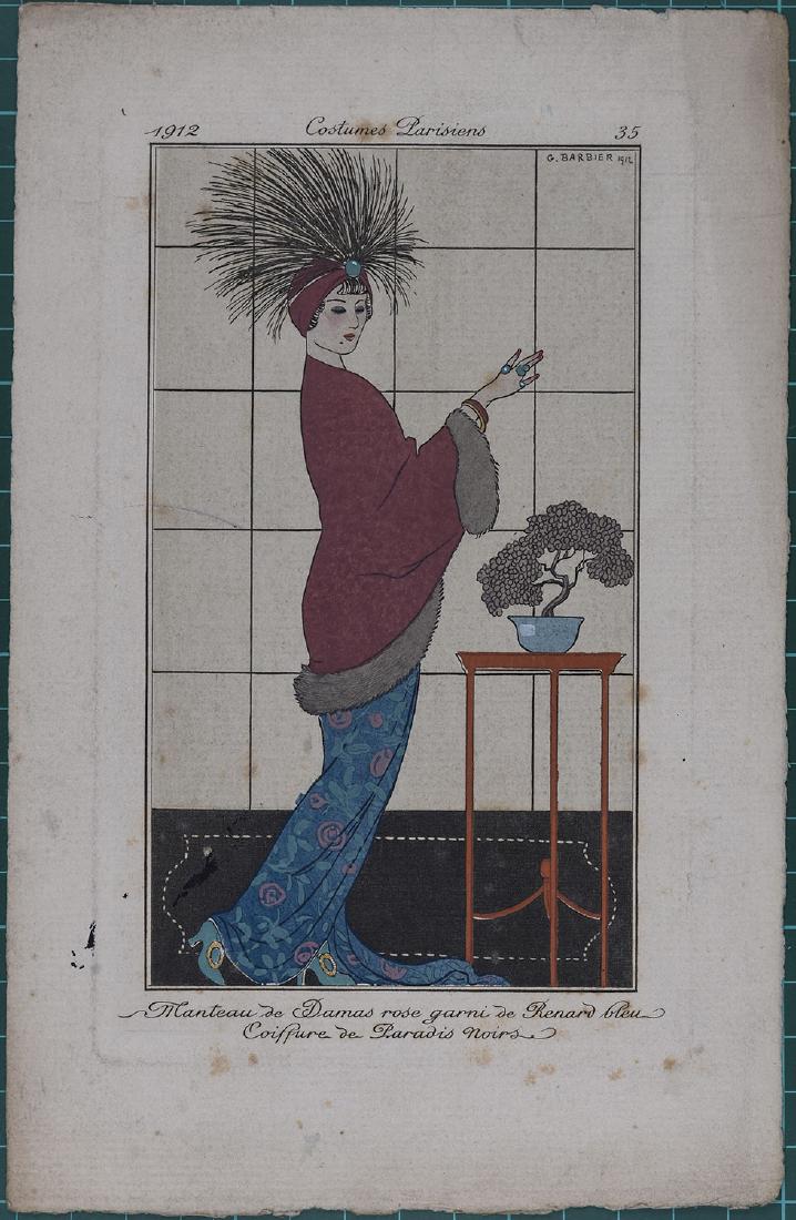 George Barbier : Original pochoir 1912 Costume Parisien: Costumes Parisiens, 1912. Original hand colored pochoir print Sheet size: 8 3/4 x 5 1/2 in It is one of a total of 186 plates created for the Parisien Journal des Dames et des Modes by leading artists