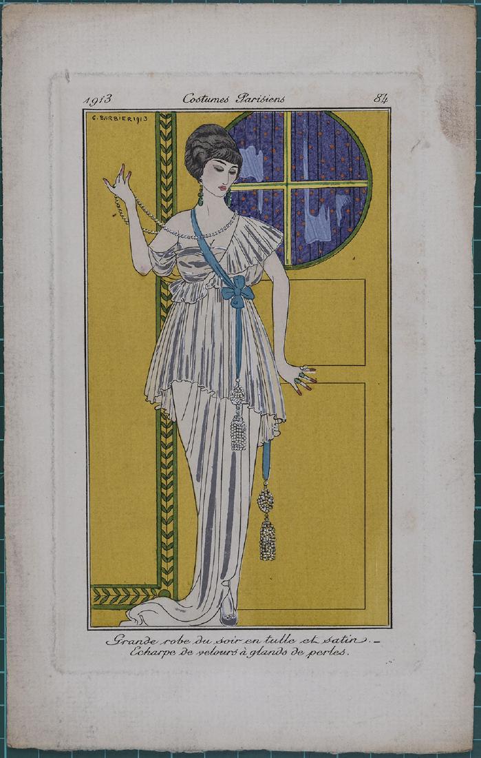 George Barbier : Original pochoir 1913 Costume Parisien: Costumes Parisiens, 1913. Original hand colored pochoir print Sheet size: 8 3/4 x 5 1/2 in It is one of a total of 186 plates created for the Parisien Journal des Dames et des Modes by leading artists