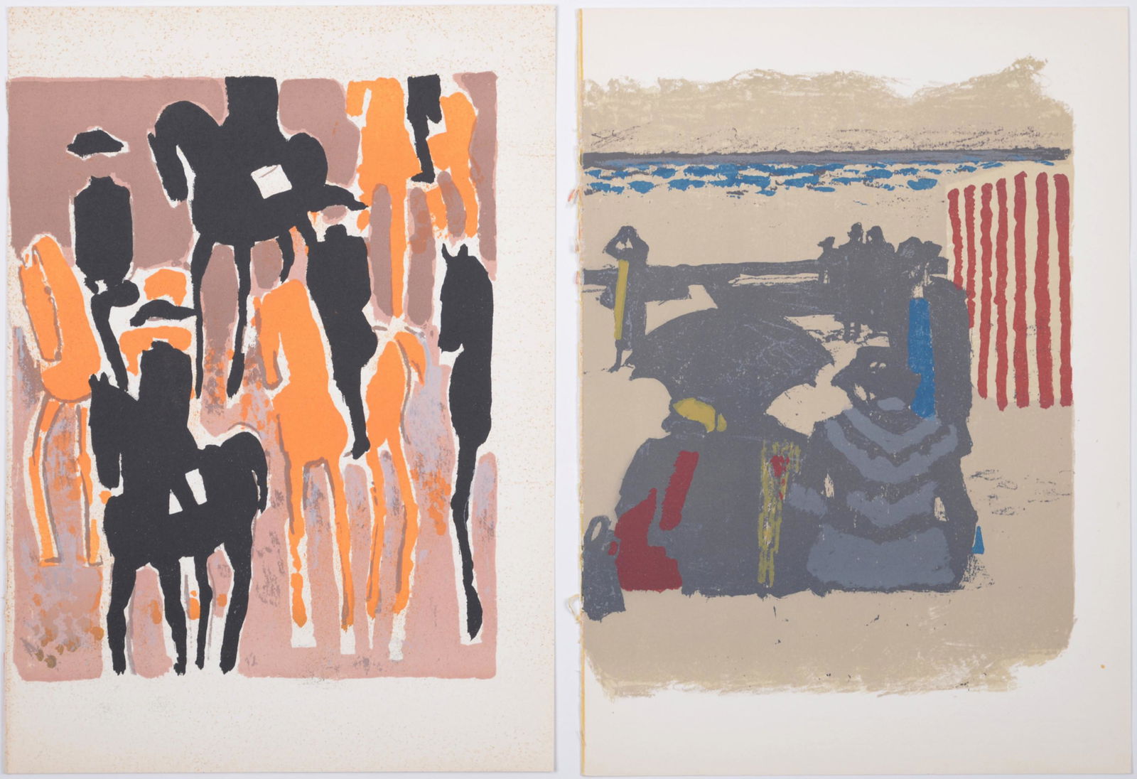 Brasilier & Brianchon - Set of 2 lithographs, 1964: Set of 2 lithographs on BFK Rives paper, including Le Cadre noir, 1964 by Andre Brasilier, and Saint-Jean-de-Luz: La plage, 1964, by Maurice Brianchon. Edition of 2000. BFK Rives watermark lower right