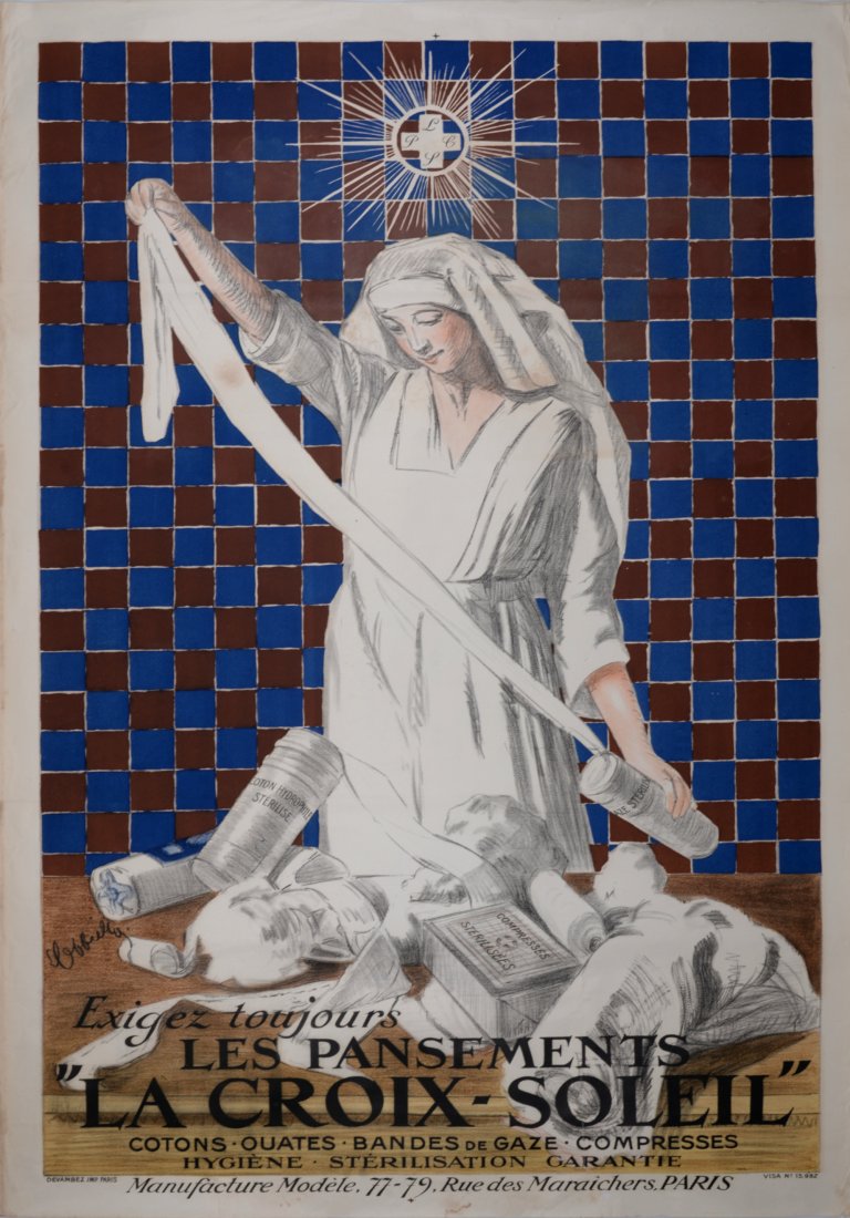 Cappiello Exigez les pansements Croix-Soleil,1919: Original large lithograph poster on paper. Referenced in Rennert #294. Signed on the plate bottom left. Dimensions: + Size of the sheet: 120 x 78,5 cm / 47,2 x 30,9 in. + Size of the image: 112 x 71,5