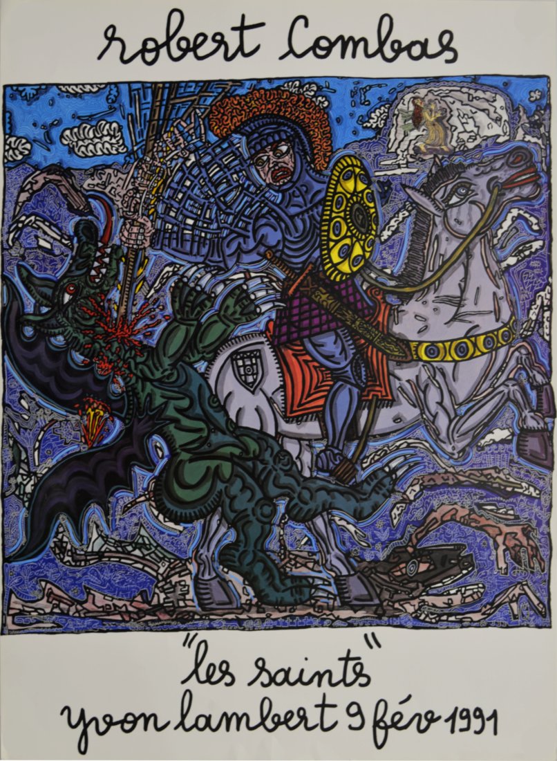 Robert Combas - Les Saints (Yvon Lambert), 1991: Offset lithograph on glazed poster paper. Dimensions: + Size of the sheet: 92 x 67,7 cm / 36,2 x 26,6 in. + Size of the image: 67 x 66,7 cm / 26,3 x 26,2 in. Published on the occasion of 1991 Robert C