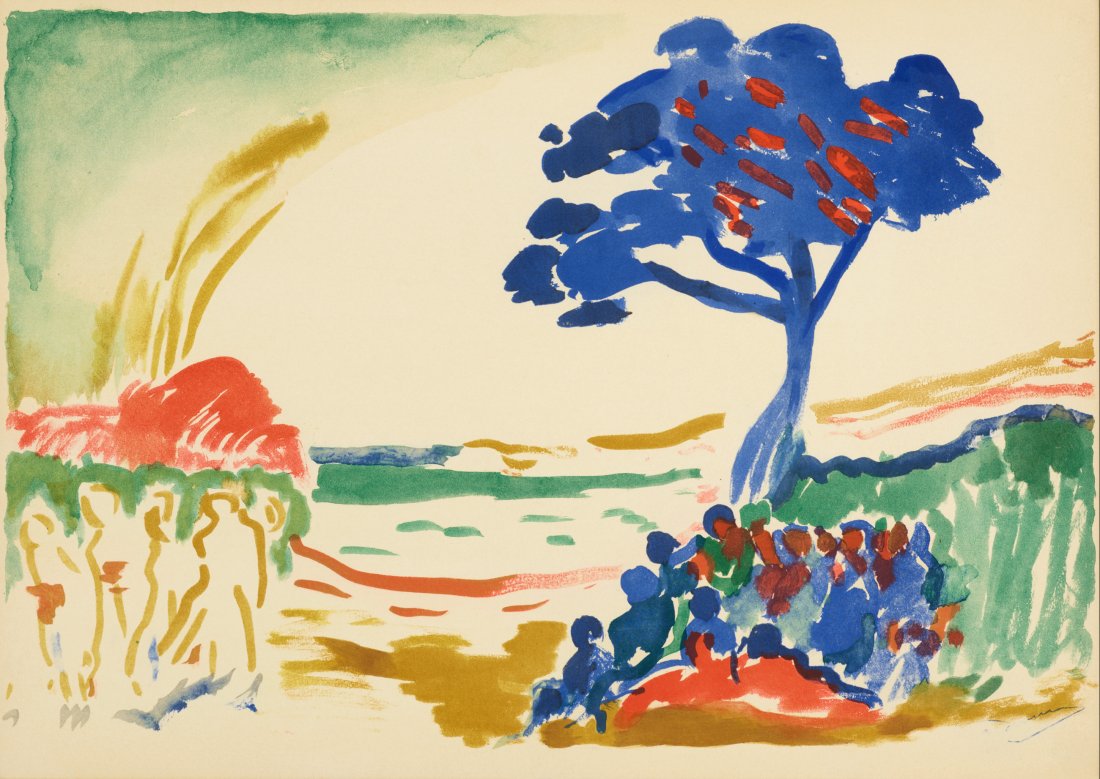 Derain (After) - Paysage a l arbre bleu,1959: Lithograph/pochoir in colors on wove paper after 1909 Andre Derain painting. Signed in the plate lower right. Dimensions: + Size of the sheet: 33 x 46 cm / 13 x 18,1 in. Size edition : 1000. Printed b