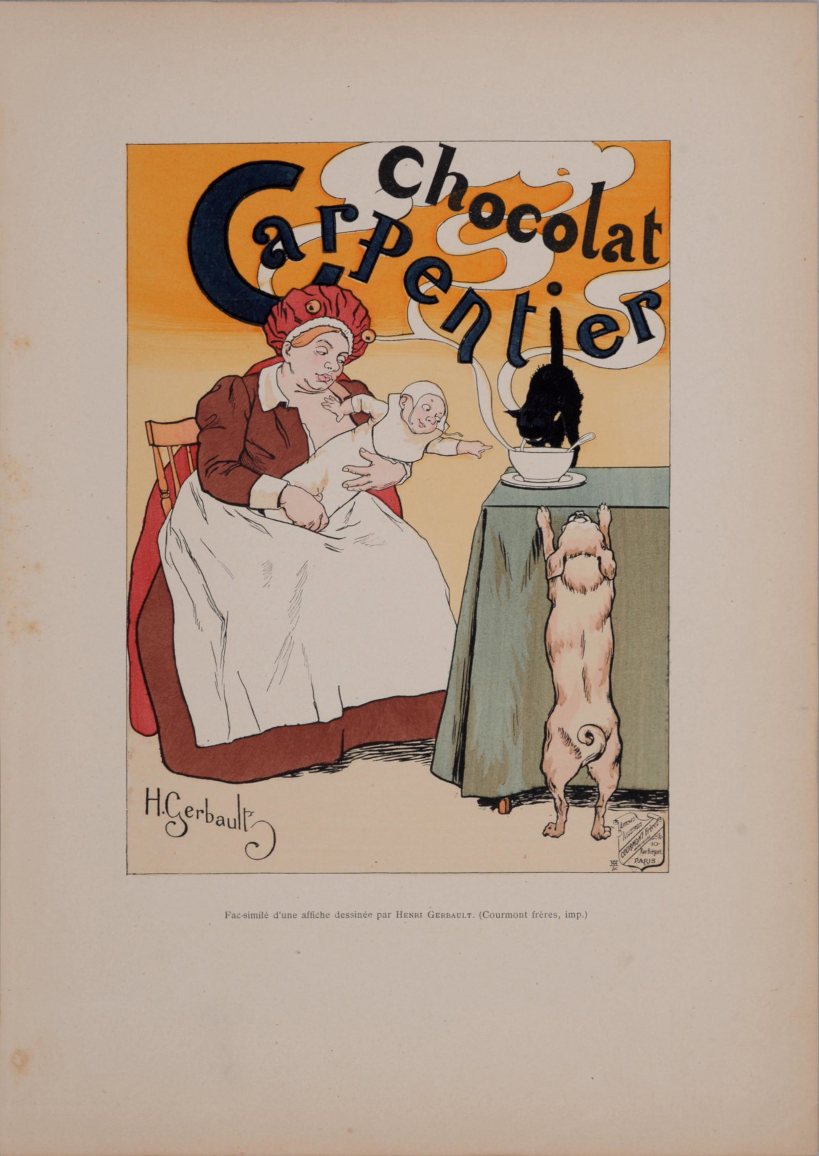 Gerbault - Chocolat Carpentier, 1896 Small poster: Small lithograph poster on wove paper. Signed on the plate lower left margin. Dimensions: + Size of the sheet: 31 x 21 cm / 12,2 x 8,2 in. This lithograph was included as a plate in Ernest Maindron bo