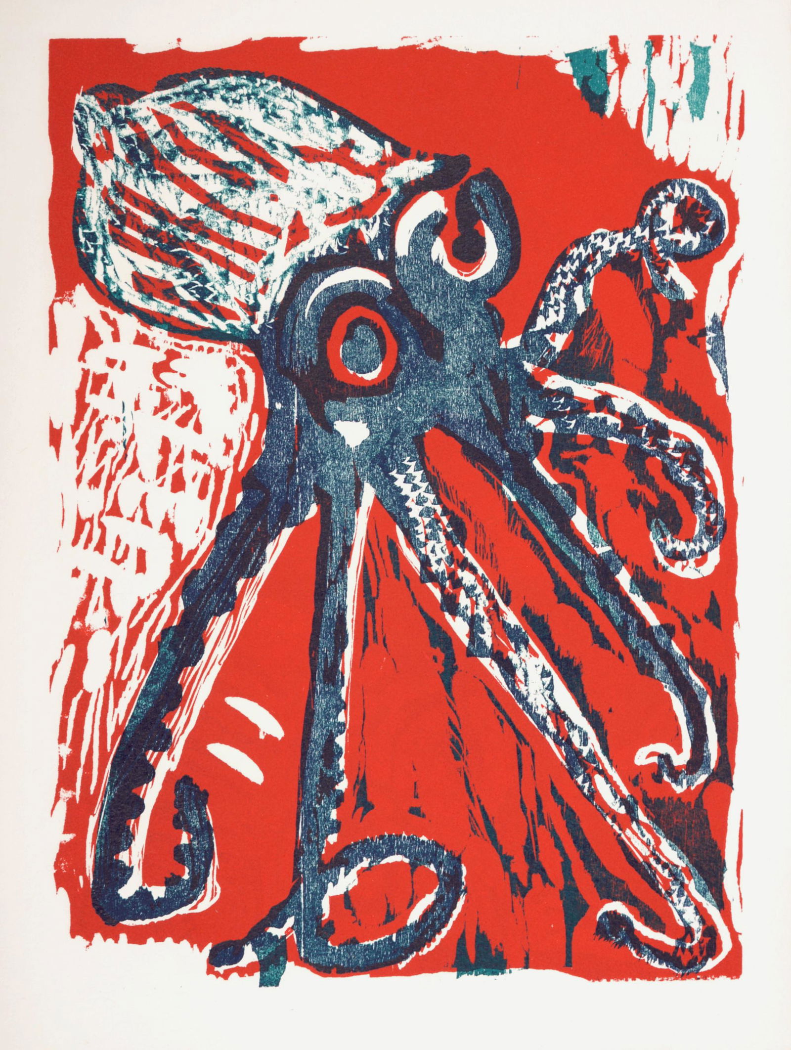 Bernard Lorjou - Le Poulpe, 1965: Woodcut print on Auvergne Richard de Bas paper. Edition of 200. Dimensions: + Size of the sheet: 38,5 x 28,3 cm / 15,1 x 11,1 in. + Size of the image: 35 x 25 cm / 13,7 x 9,8 in. Issued from the portf