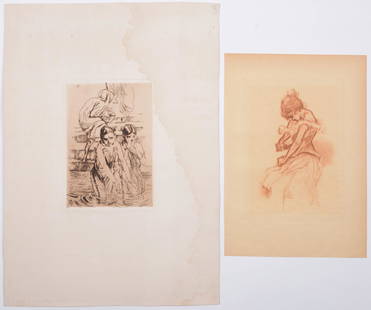 H. Boutet & A.B - Set of two etchings, c. 1890: A set of two etchings on Verge paper, including Jeune femme s habillant, c. 1890, by Henri Boutet, and Au bord du Gange, 1912, by A.B. Au bord du Gange is signed on the plate with A.B initials lower l