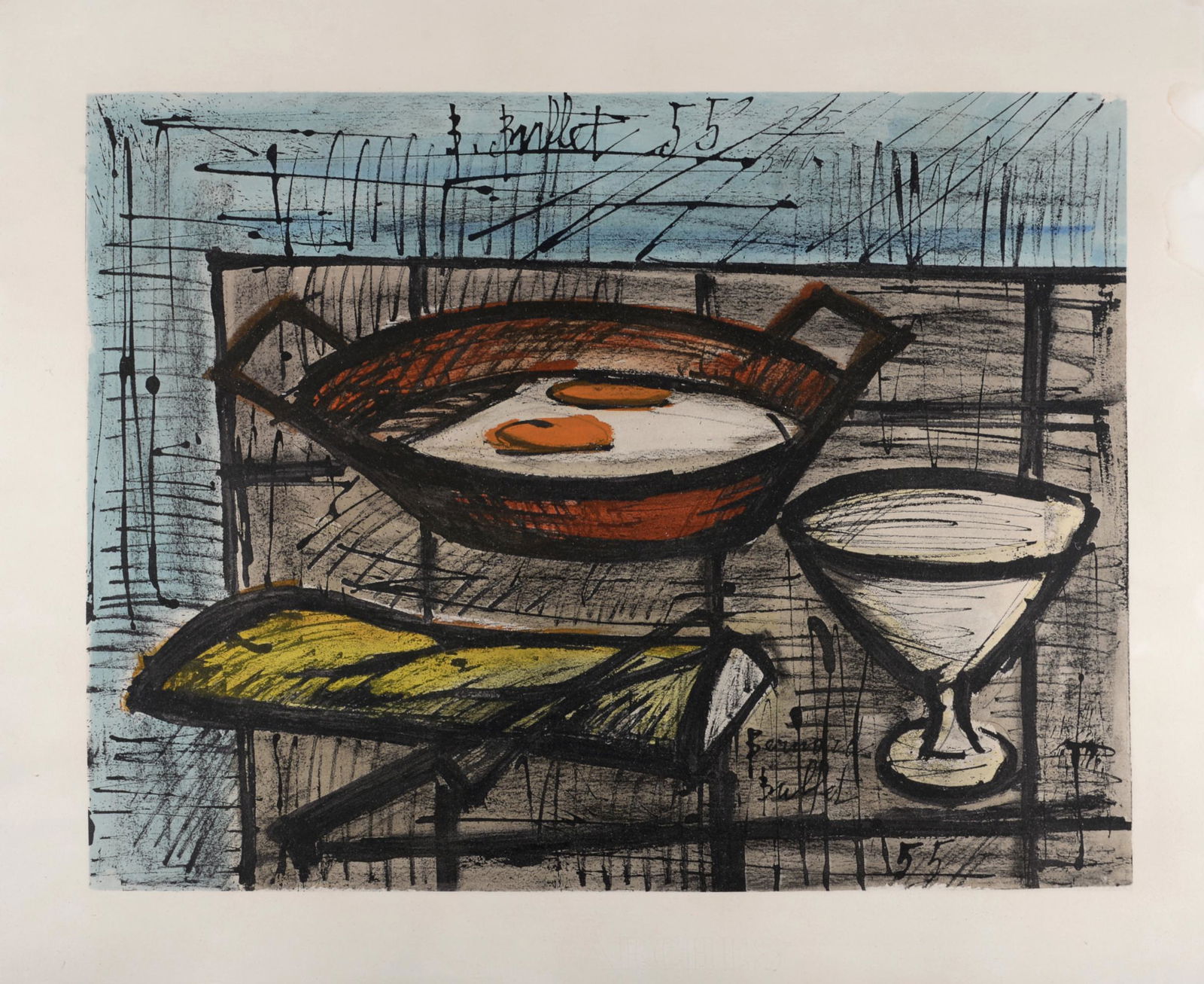Bernard Buffet - Nature morte aux oeufs, 1960: Original lithograph on Velin d Arches paper, after Bernard Buffet watercolor of 1955. Signed and dated on the plate twice, upper and lower margins. Hand-numbered 235/300 upper edge. Arches watermark l