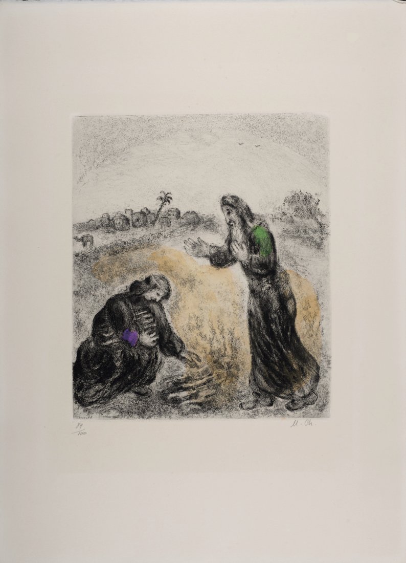 Chagall Elie et la Veuve de Sarepta, 1958: Original etching on Velin Arches paper (Arches watermark lower margin), hand-colored with watercolor. A beautiful print by Marc Chagal, called one of the most outstanding pieces of his etchings by Rob