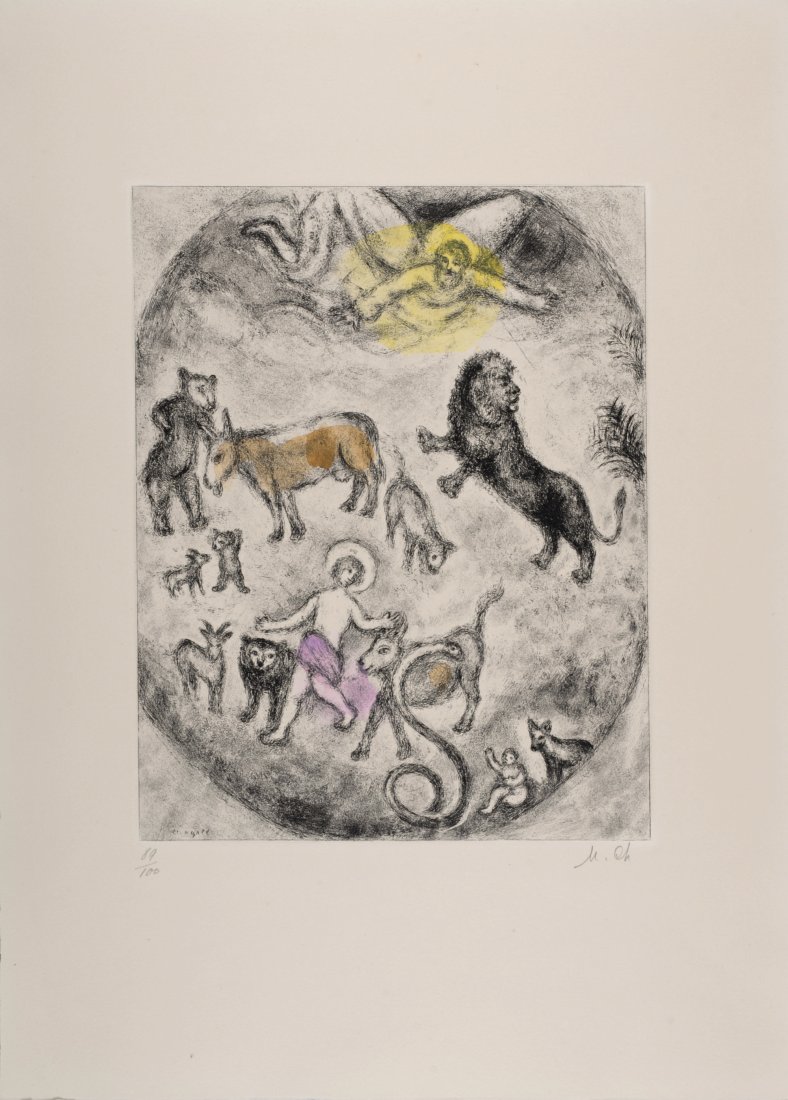 Chagall Reconciliation (Isaiah 11: 5-9), 1958: Original etching on Velin Arches paper (Arches watermark lower margin), hand-colored with watercolor. A beautiful print by Marc Chagal, called one of the most outstanding pieces of his etchings by Rob