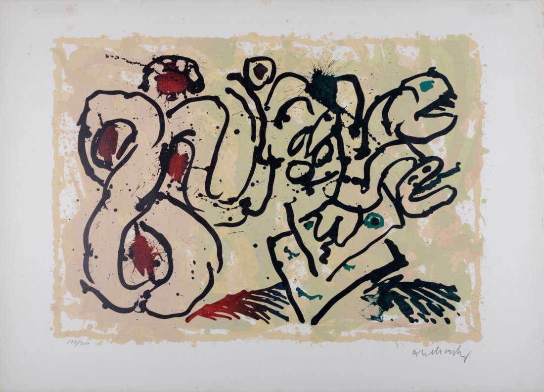 Pierre Alechinsky - Le denouement (A), 1967: Original color lithograph on Velin Arches paper. Hand-signed in pencil lower right. Numbered in pencil lower left 174/300. Arches watermark in the lower middle margin. Dimensions: +Size of the cardboa