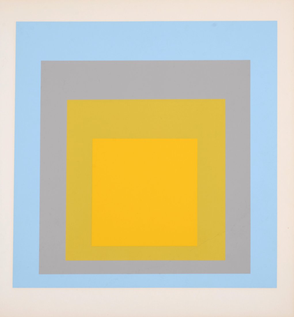 Joself Albers - Homage To the Square (F), 1971: Silkscreen on wove paper. Printed on both sides. Dimensions: + Size of the sheet: 27 x 26 cm / 10,2 x 10,2 in. +Size of the image: 22,5 x 22,5 cm / 8,8 x 8,8 in. Issued from the portfolio Josef Albers