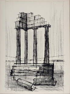 Buffet - Temple en ruine, 1959: Etching (drypoint) on Verge paper. Edition of 300. Dimensions: + Size of the sheet: 38 x 28 cm / 14,9 x 11 in. Issued from Naples portfolio. Printed by Daragnes workshops. Edited by Saint-Gobain Compa