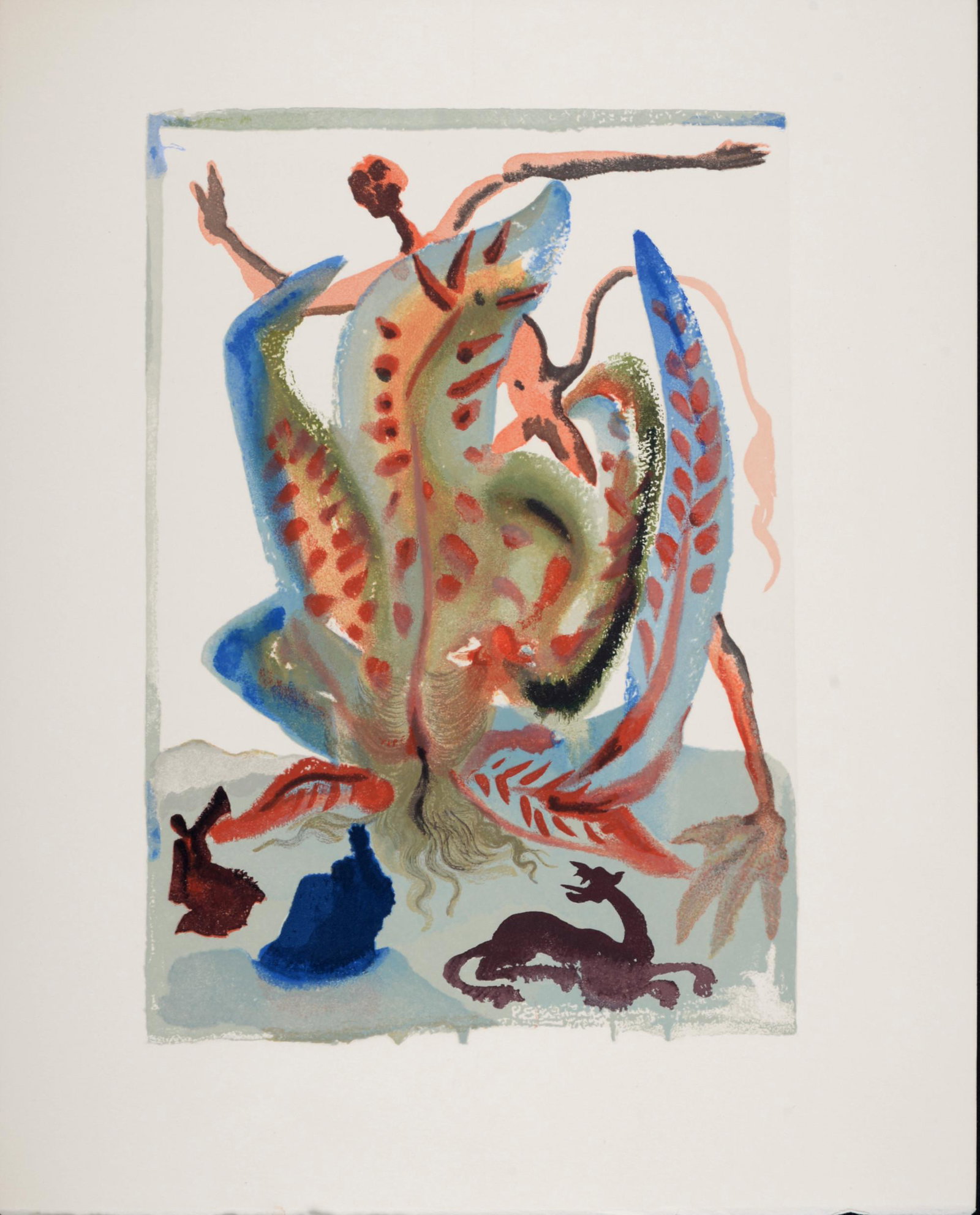 Salvador Dali - La Gourmandise, 1963: Woodcut print on BFK Rives paper. A beautiful print by Salvador Dali Dimensions: + Size of the sheet: 33 x 26,5 cm / 12,9 x 10,4 in. Issued from the French edition of La Divine Comedie in-4 by Salvado