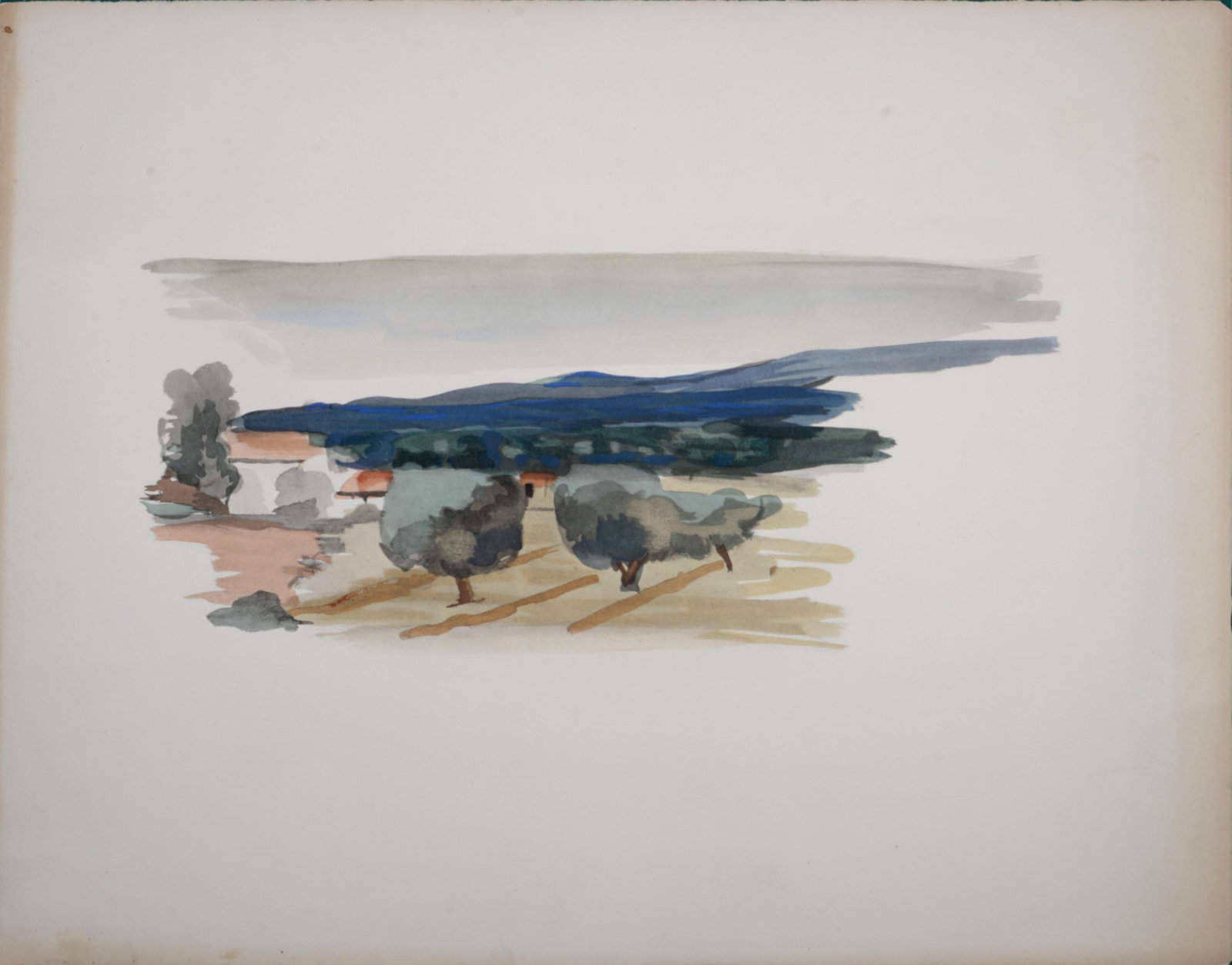 Andre Derain - Paysage, 1933: Pochoir on Velin Arches paper, after 1932 Andre Derain gouache painting. Edition of 1 000. Jeanne Bucher blind stamp bottom left. Jeanne Bucher blind stamp bottom left. J.B watermark upper left margin