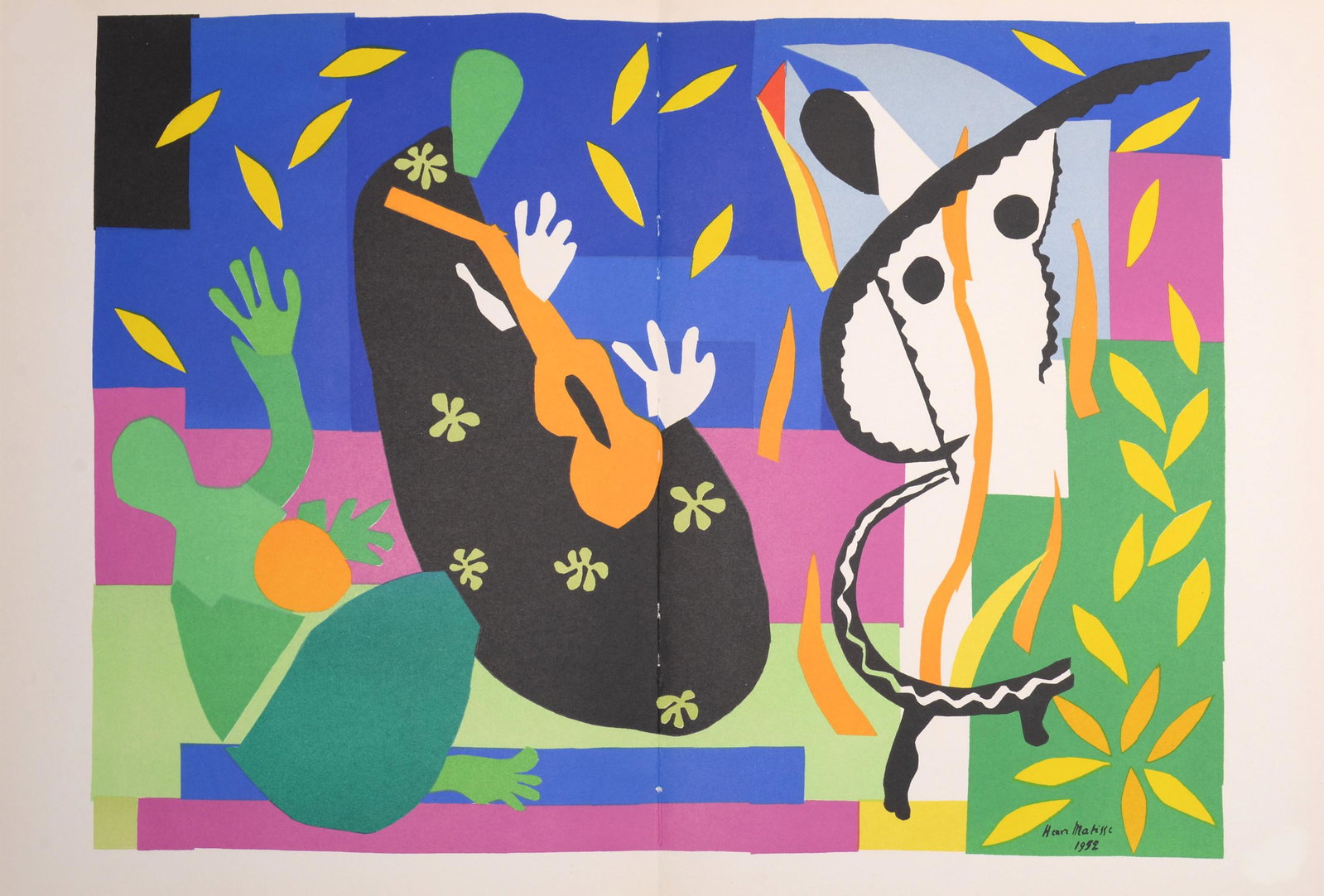Henri Matisse - Tristesse du Roi, 1958: Lithograph on paper, printed on double page, after 1952 Henri Matisse gouaches decoupes. Signed and dated on the plate lower right margin. Dimensions: + Size of the sheet: 35,6 x 53,3 cm / 14 x 21 in.