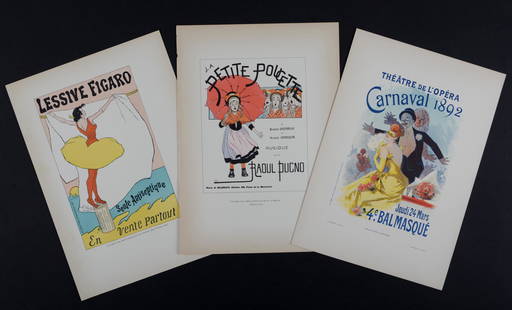 Cheret, Gausson & more - Set of 3 small posters: Set of 3 lithographs on wove paper, including : - Jules Cheret, Theatre de l Opera, 1896 - Louis-Maurice Boutet de Monvel, La Petite Poucette, 1896 - Leo Gausson, Lessive Figaro, 1896 All signed on