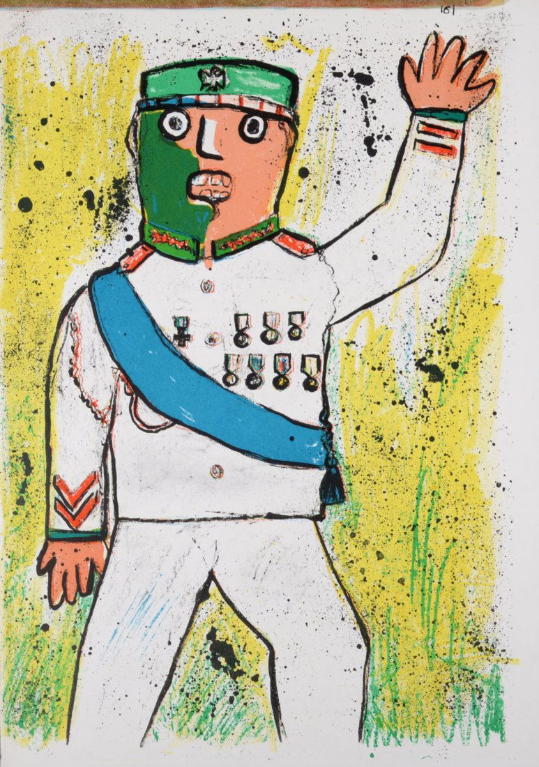 Enrico Baj - One Cent Life, 1964: Original lithograph on wove paper. Dimensions: + Size of the sheet: 41 x 29 cm / 16,1 x 11,4 in. Issued from the famous One Cent Life portfolio. Printed by Maurice Beaudet, Paris. Published by E.W. Ko