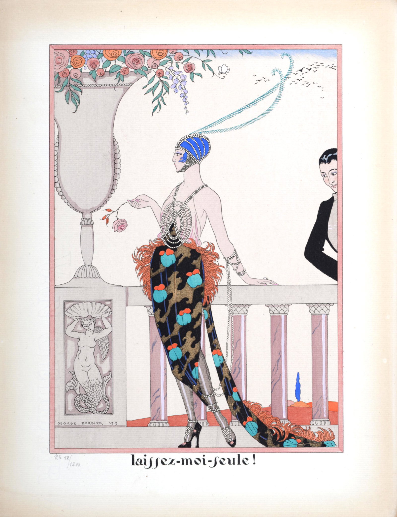 Georges Barbier - Laissez-moi Seule!, c. 1919: Original hand-colored pochoir print with watercolor on Van Gelder Zonen paper. Perfect impression on extremely fine verge paper. Hand-numbered n 18/1200 lower left. Plate-signed lower left. With Van G