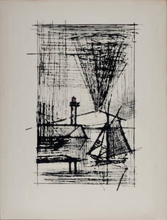 Buffet - Le phare et le Vesuve, 1959: Etching (drypoint) on Verge paper. Edition of 300. Dimensions: + Size of the sheet: 38 x 28 cm / 14,9 x 11 in. Issued from Naples portfolio. Printed by Daragnes workshops. Edited by Saint-Gobain Compa