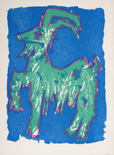 Bernard Lorjou - La Chevre du Thibet, 1965: Woodcut print on Auvergne Richard de Bas paper. Edition of 200. Dimensions: + Size of the sheet: 38,5 x 28,3 cm / 15,1 x 11,1 in. + Size of the image: 35 x 25 cm / 13,7 x 9,8 in. Issued from the portf